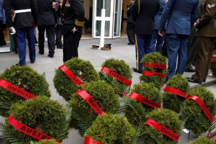 Wreaths at the ANZAC Day dawn service in 2011, at the NZ embassy.