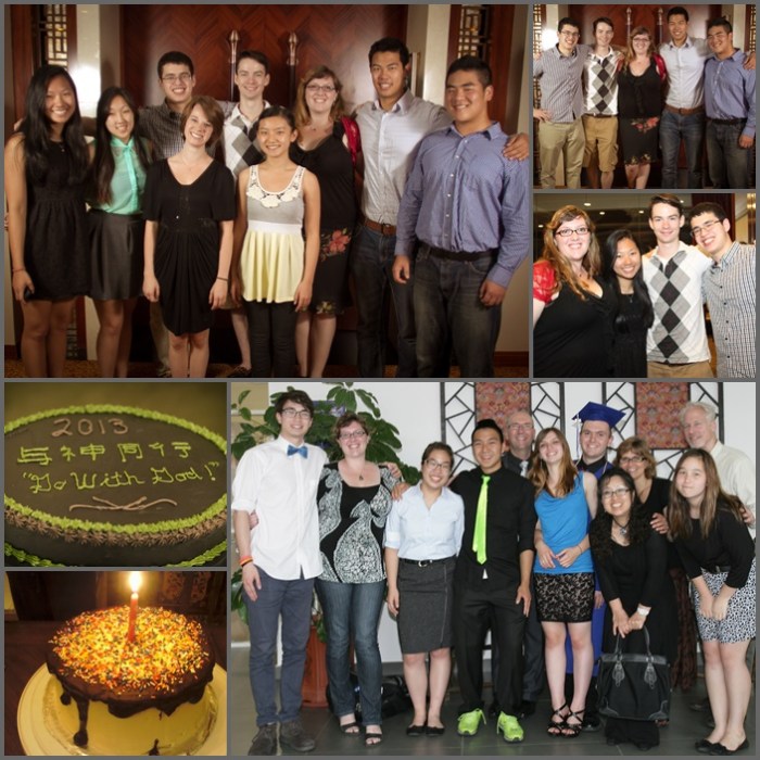 Top: Baccalaureate service in Beijing; bottom: cakes and graduation in Tianjin.
