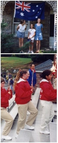 Australian flag hanging outside our American house; performing in the Greenwich High School marching band at a football game.