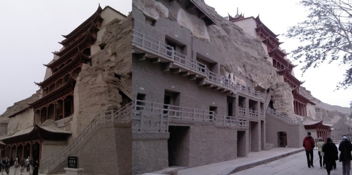 The cliff face at Mogao Caves.