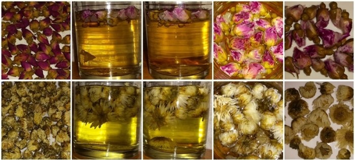Rose and Chrysanthemum teas - dry flowers, steeped 10 minutes, steeped 20 minutes, looking down into the cup, and the flowers after steeping.