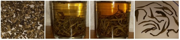 Good quality rolled Jasmine tea - dry leaves, steeped 10 minutes, steeped 20 mintues, and the leaves after steeping.