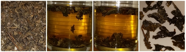 Snow Tea from Dali, Yunnan province - dry leaves, steeped 10 minutes, steeped 20 minutes, and the leaves after steeping.