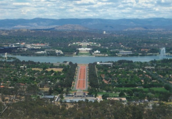 View from Mount Ainslie lookout - shows both Parliament Houses, High Court, National Gallery, National Library, War Memorial, ANZAC Parade, Cariilion, Captain Cook Jet, and Mount Taylor in the background (with the Brindabellas in the distance).