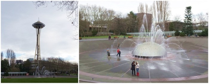 Space Needle and fountain at the Seattle Center.