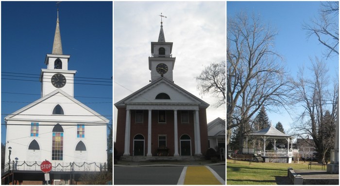 The Baptist Church, Congregational Church (and hall), and gazebo on the common.